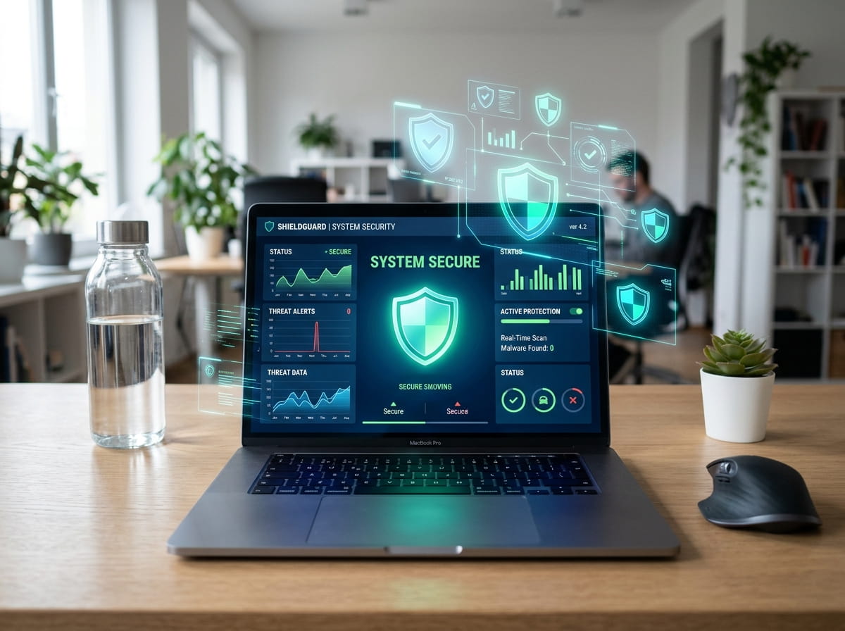 Modern laptop on clean desk displaying antivirus security dashboard UI, glowing blue green shield icons floating holographically, soft office background, subtle blue glow reflections, premium SaaS editorial style, photorealistic