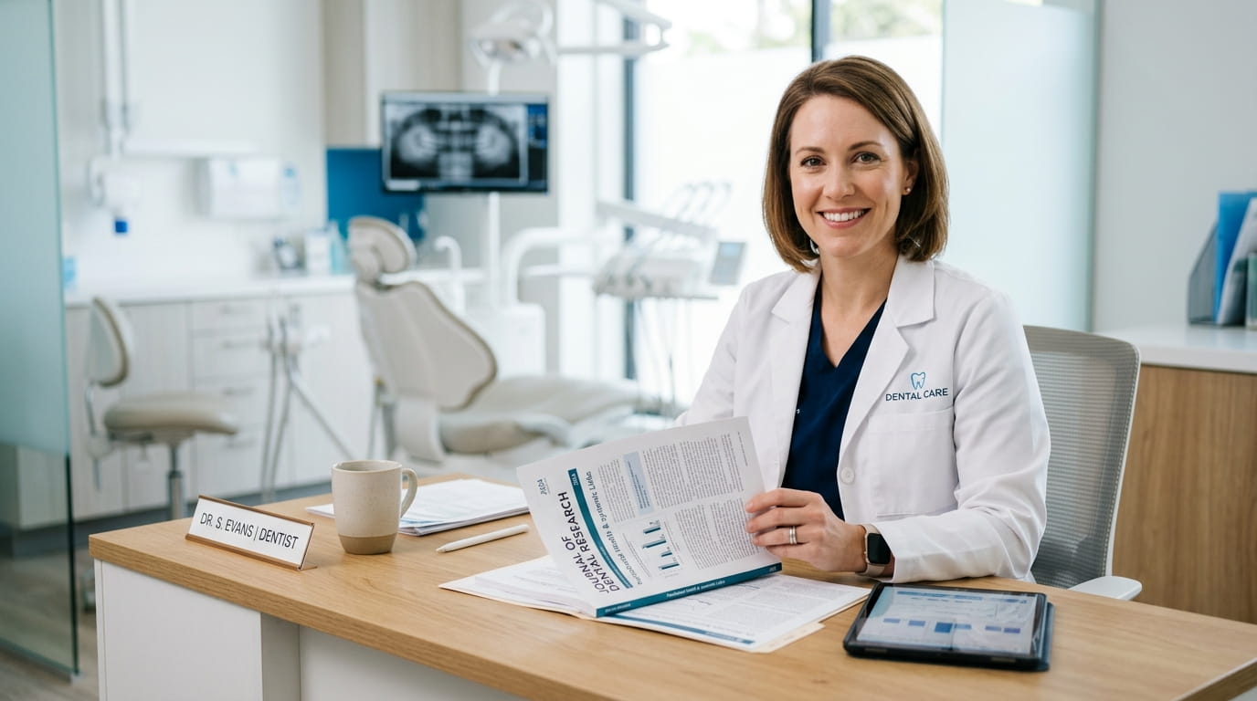 Professional female dentist reviewing research papers