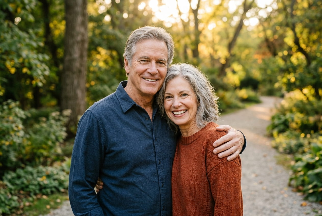 Happy older couple with healthy smiles outdoors