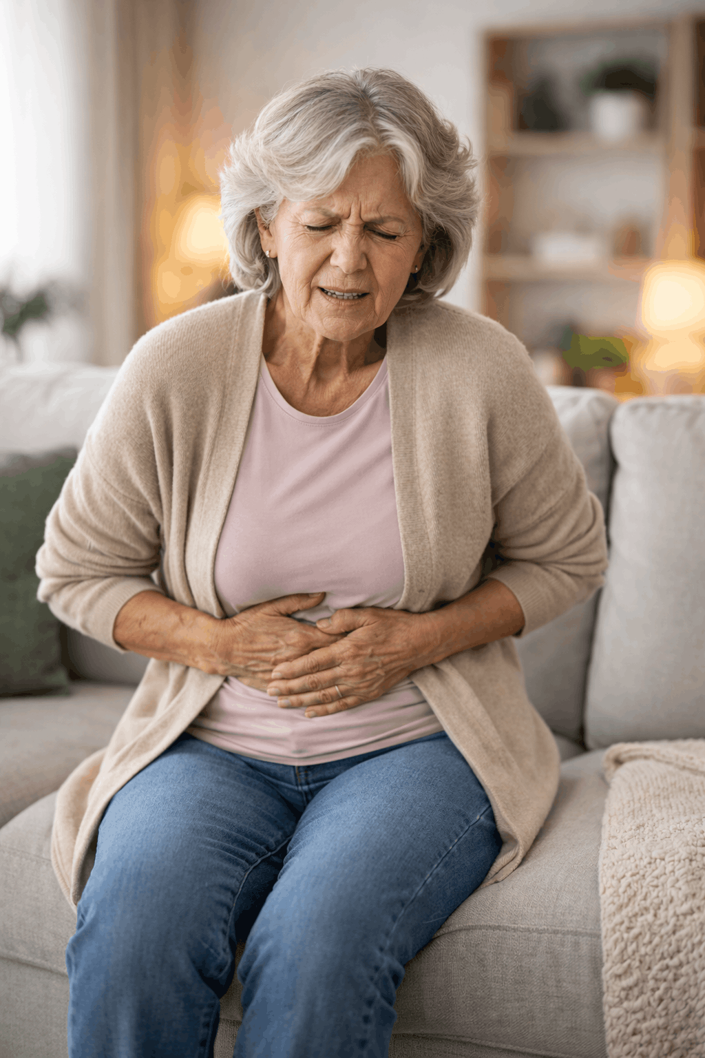 Woman experiencing digestive discomfort and stomach pain