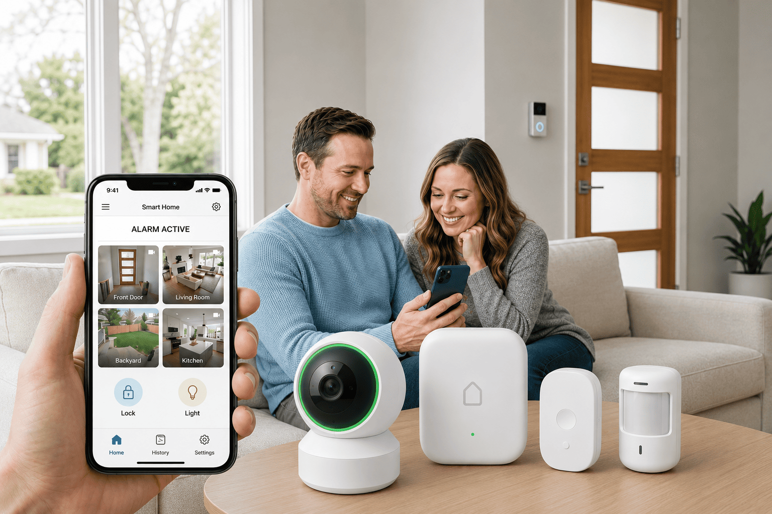 Modern family relaxing in a secure smart home environment