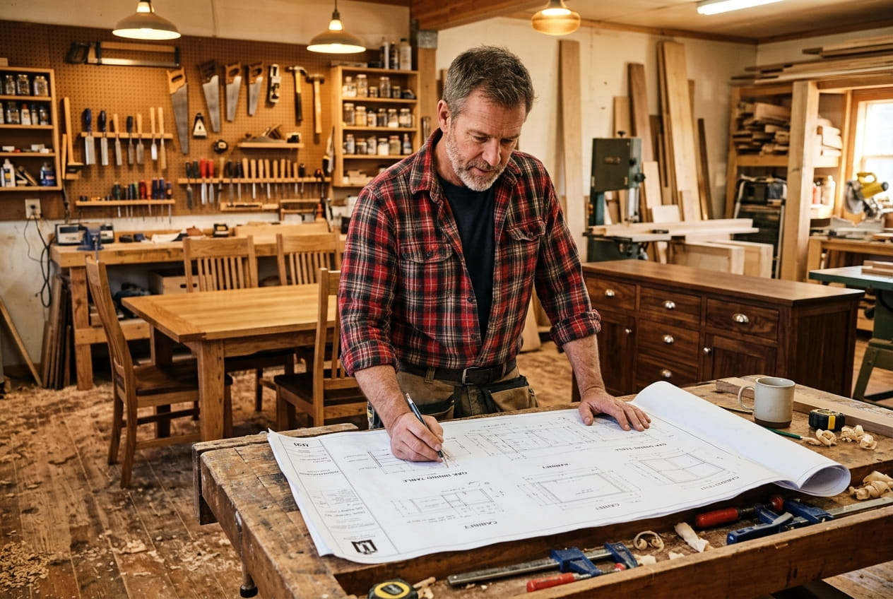 A confident craftsman reviewing detailed blueprints at a rustic wooden workbench, with finished furniture in the background
